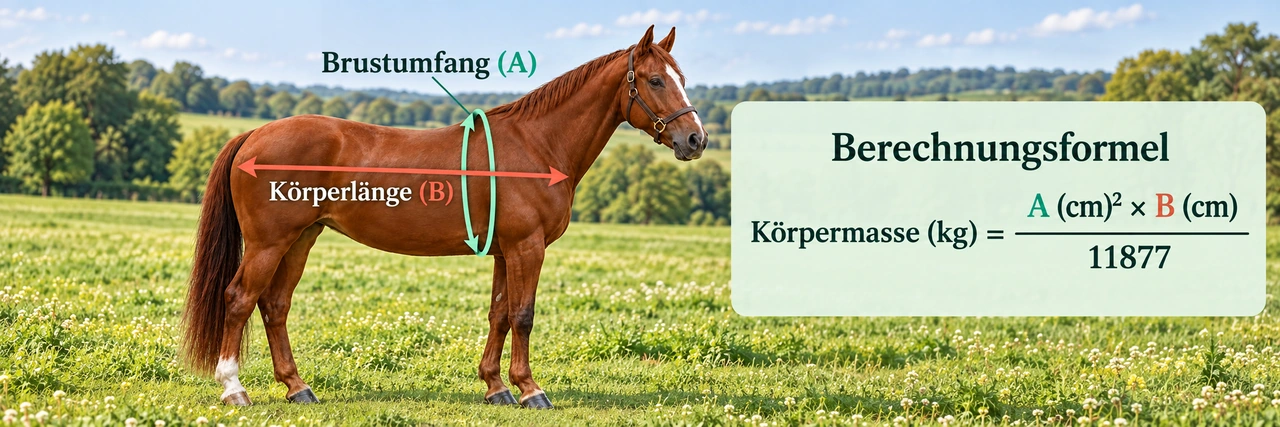 KI-Grafik: Brustumfang A und Körperlänge B zur Berechnung der Körpermasse des Pferdes