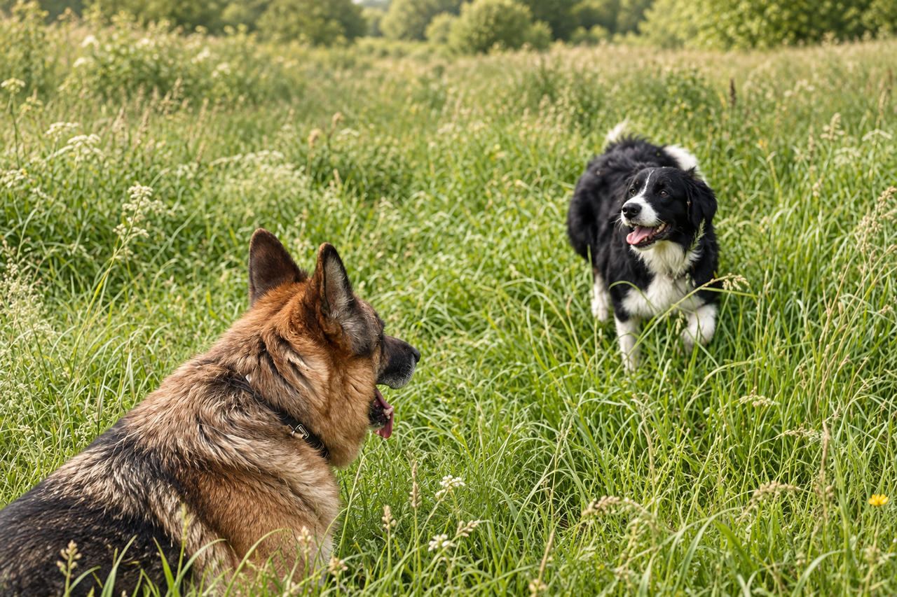 Zwei Hunde gemeinsam im grünen Gras